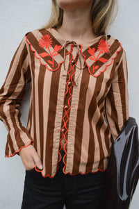 Echo of Pink Brown Striped Scallop Blouse