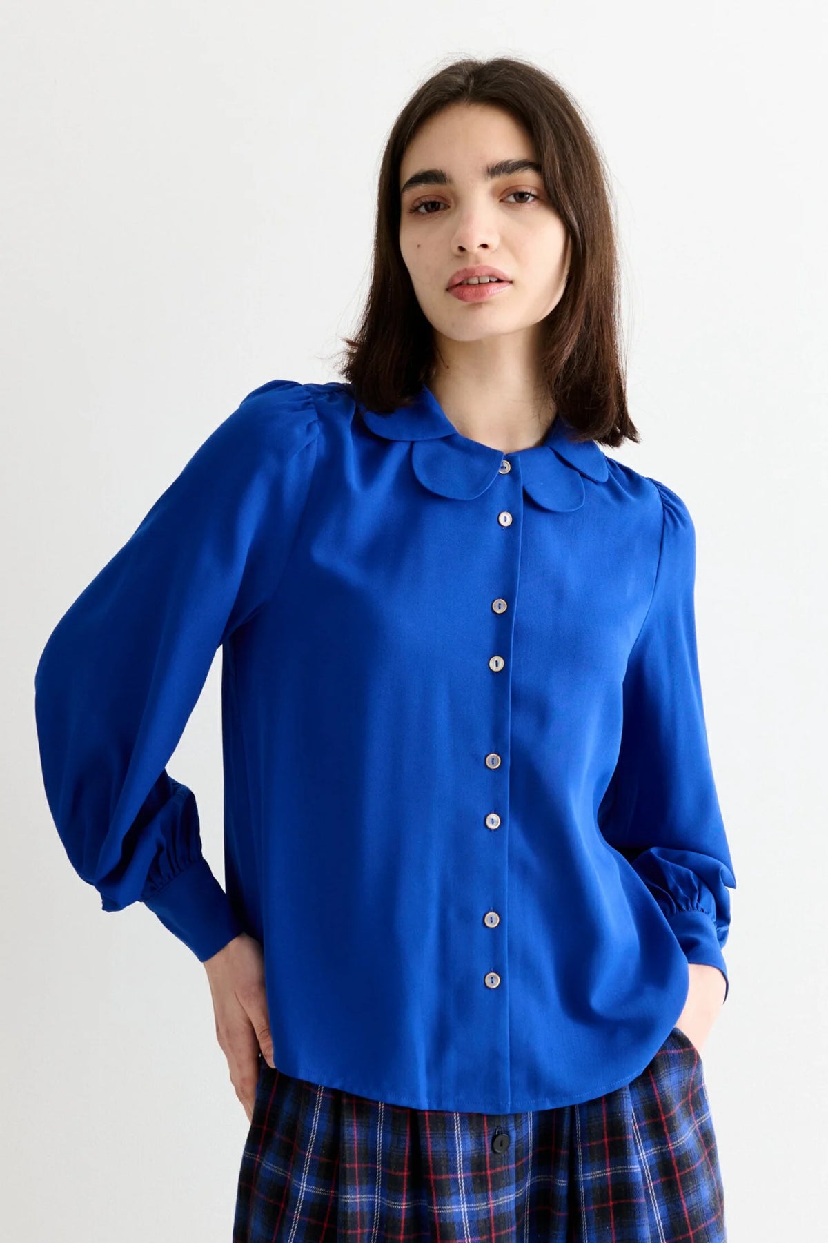 Louche Octavia Blue Crepe Petal Blouse - The Mercantile London