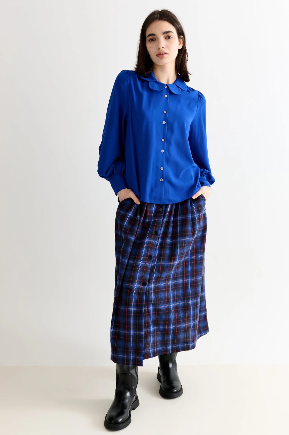 Louche Octavia Blue Crepe Petal Blouse - The Mercantile London