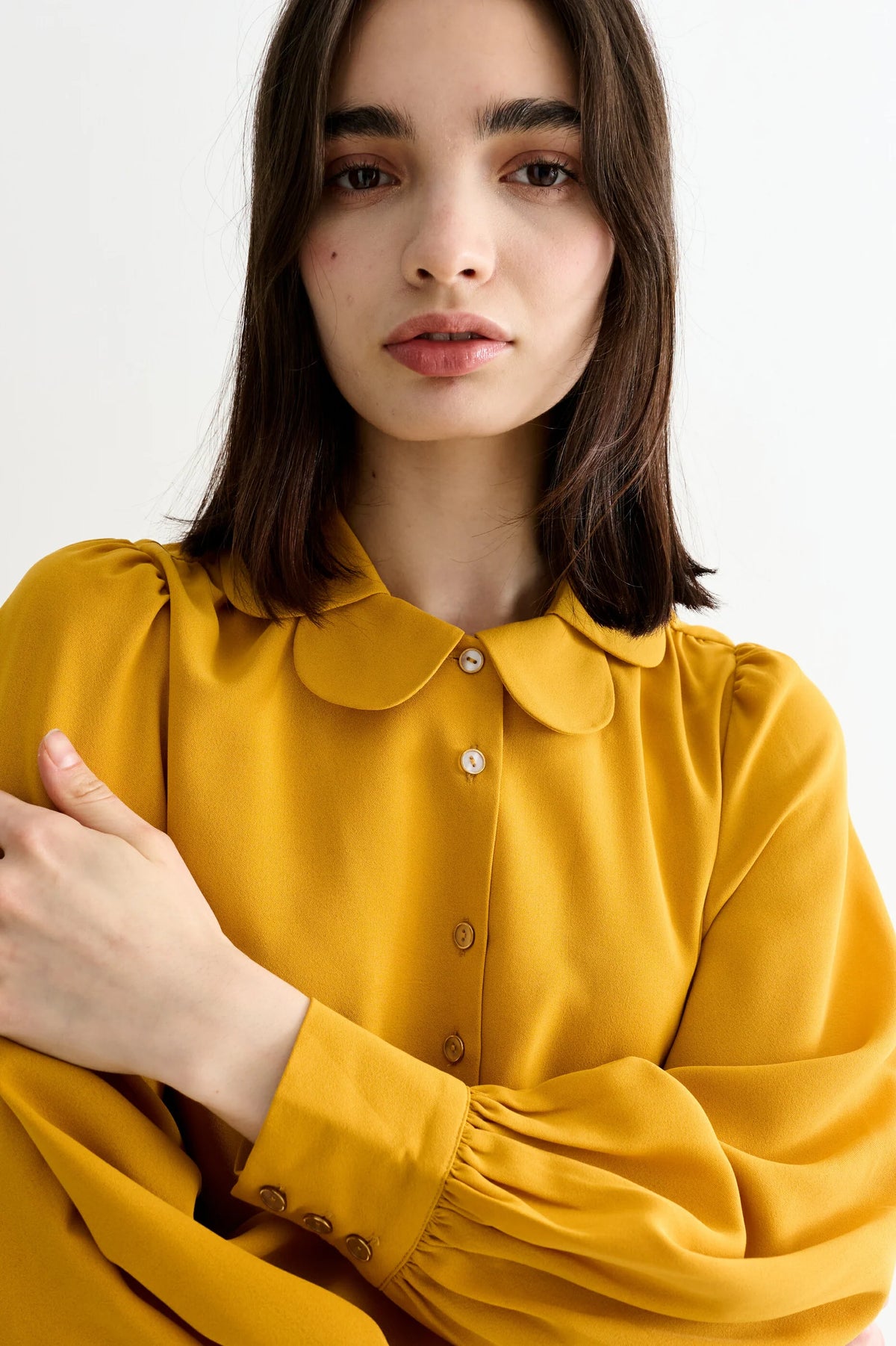 Louche Octavia Mustard Crepe Petal Blouse - The Mercantile London