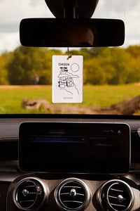 Car air freshener hanging from a car's rearview mirror with a scenic background