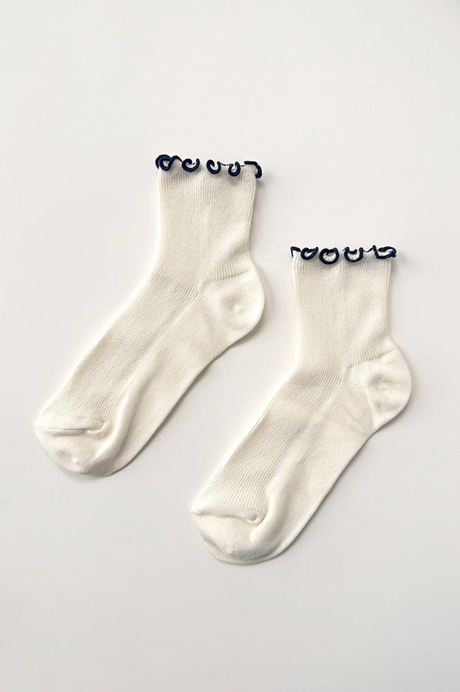 Le Bon Shoppe Petite Ruffled Soft White Navy Socks