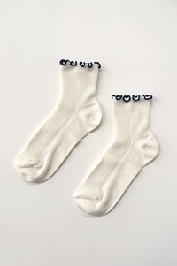 Le Bon Shoppe Petite Ruffled Soft White Navy Socks