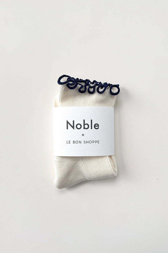 Le Bon Shoppe Petite Ruffled Soft White Navy Socks