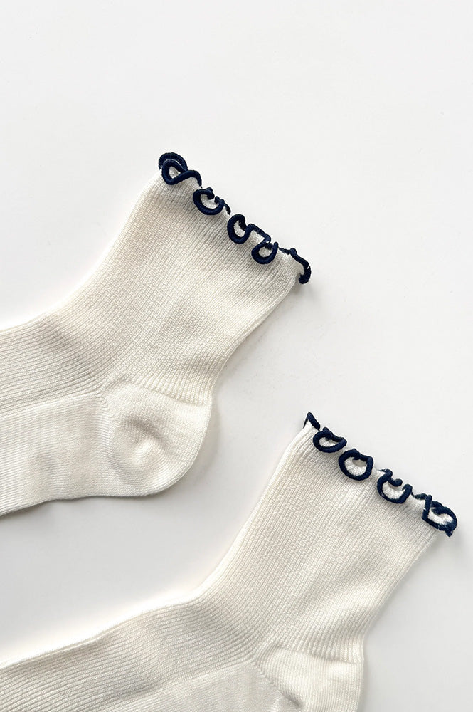 Le Bon Shoppe Petite Ruffled Soft White Navy Socks