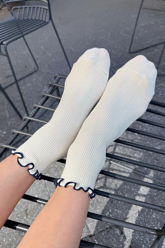 Le Bon Shoppe Petite Ruffled Soft White Navy Socks