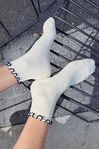Le Bon Shoppe Petite Ruffled Soft White Navy Socks