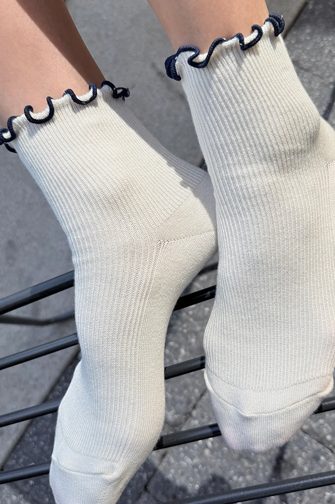 Le Bon Shoppe Petite Ruffled Soft White Navy Socks