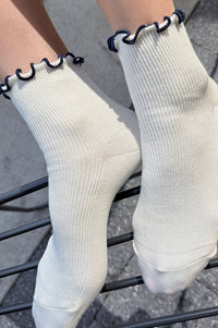 Le Bon Shoppe Petite Ruffled Soft White Navy Socks