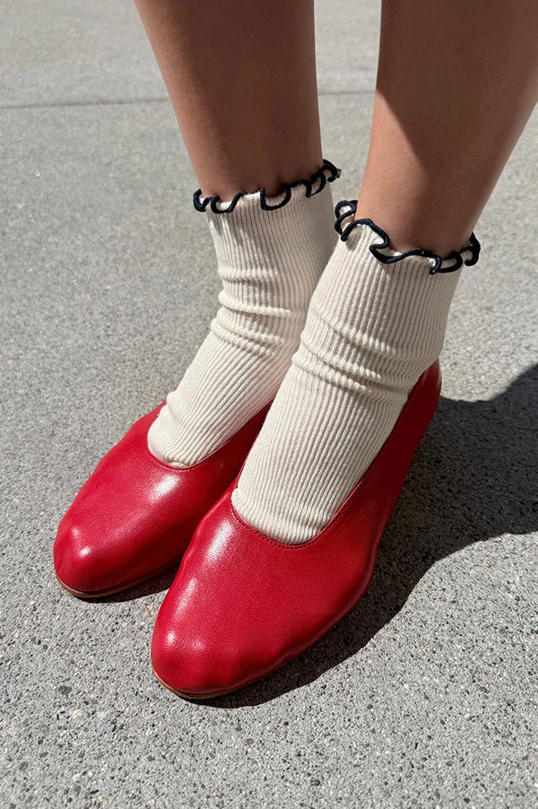 Le Bon Shoppe Petite Ruffled Soft White Navy Socks