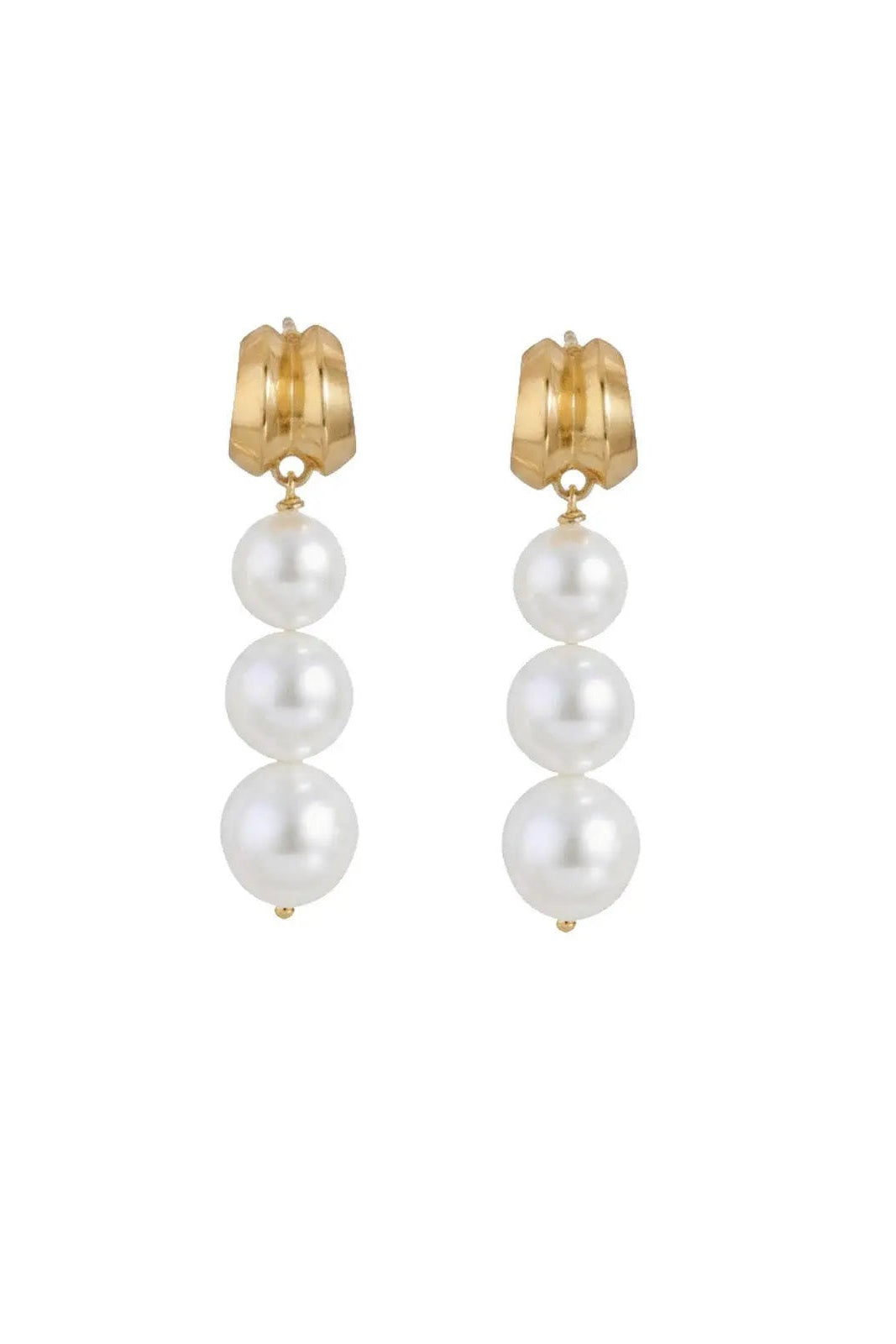 Pair of pearl earrings with gold clasps on a white background