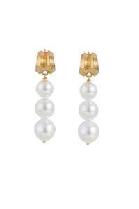 Pair of pearl earrings with gold clasps on a white background