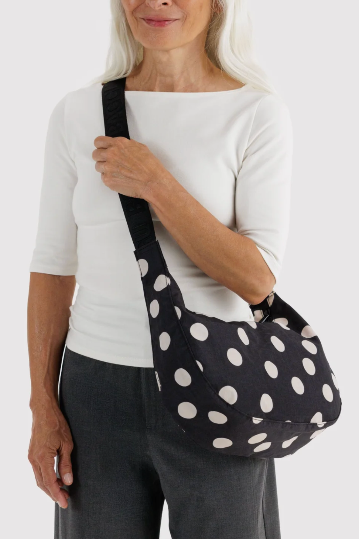 Baggu Black & Cream Polka Dot Medium Nylon Crescent Bag - The Mercantile London