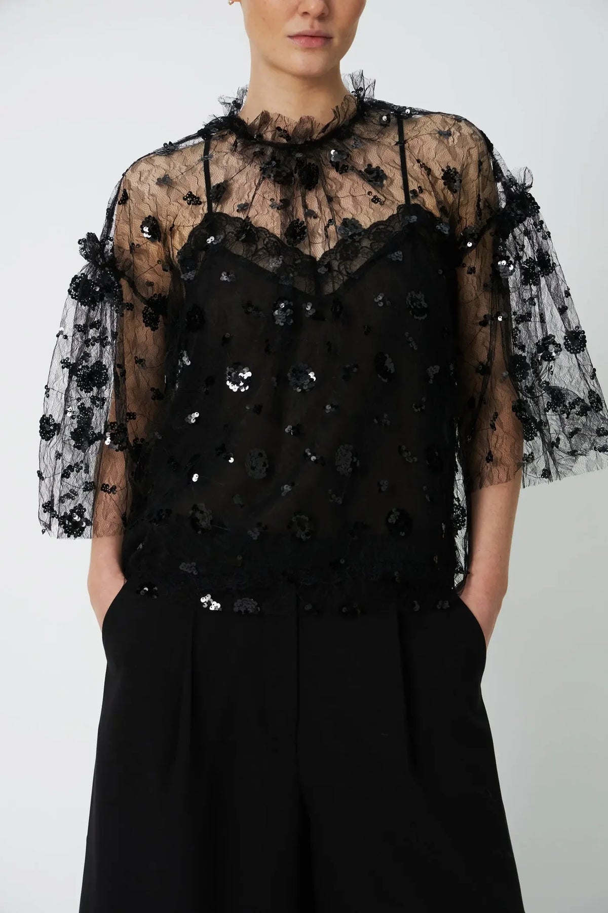Stella Nova Black Sequin Mesh Blouse