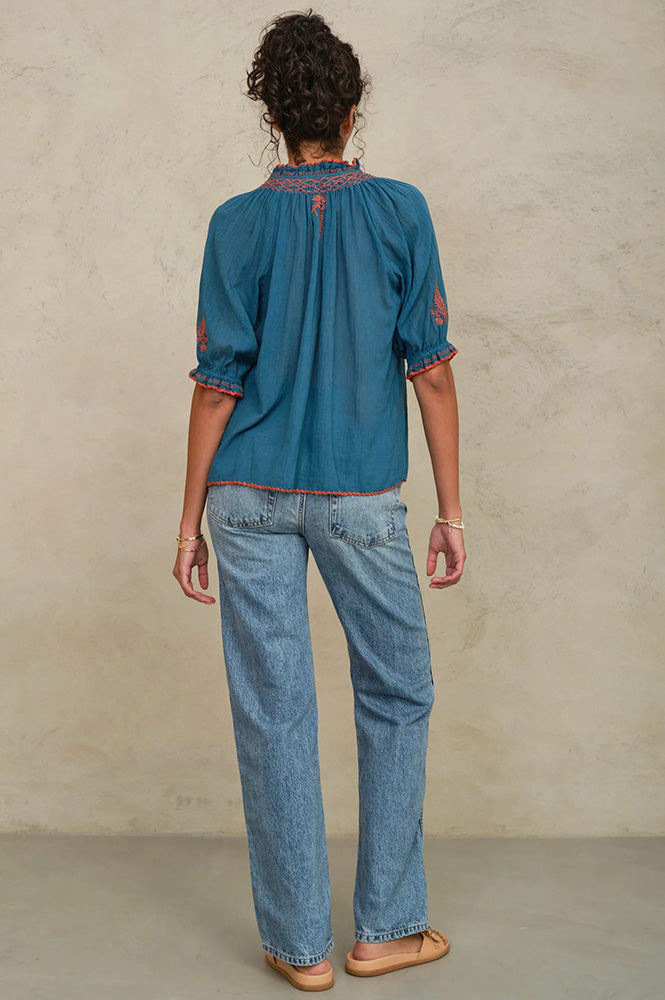 M.A.B.E Talia Blue & Orange Embroiderd Blouse - The Mercantile London