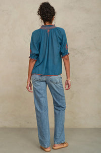M.A.B.E Talia Blue & Orange Embroiderd Blouse - The Mercantile London