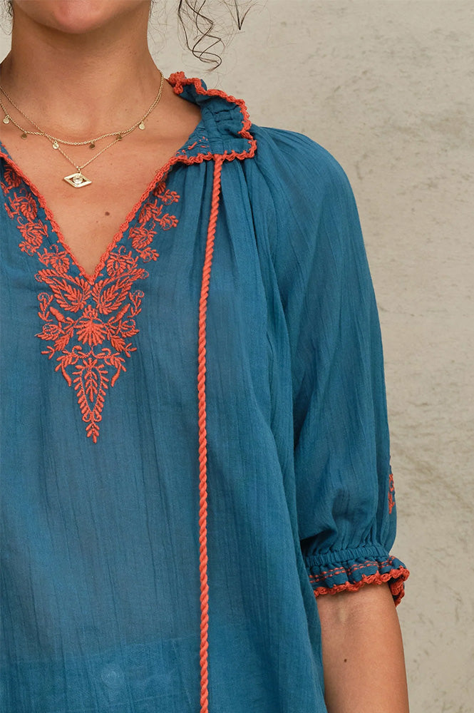 M.A.B.E Talia Blue & Orange Embroiderd Blouse - The Mercantile London