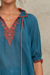 M.A.B.E Talia Blue & Orange Embroiderd Blouse - The Mercantile London