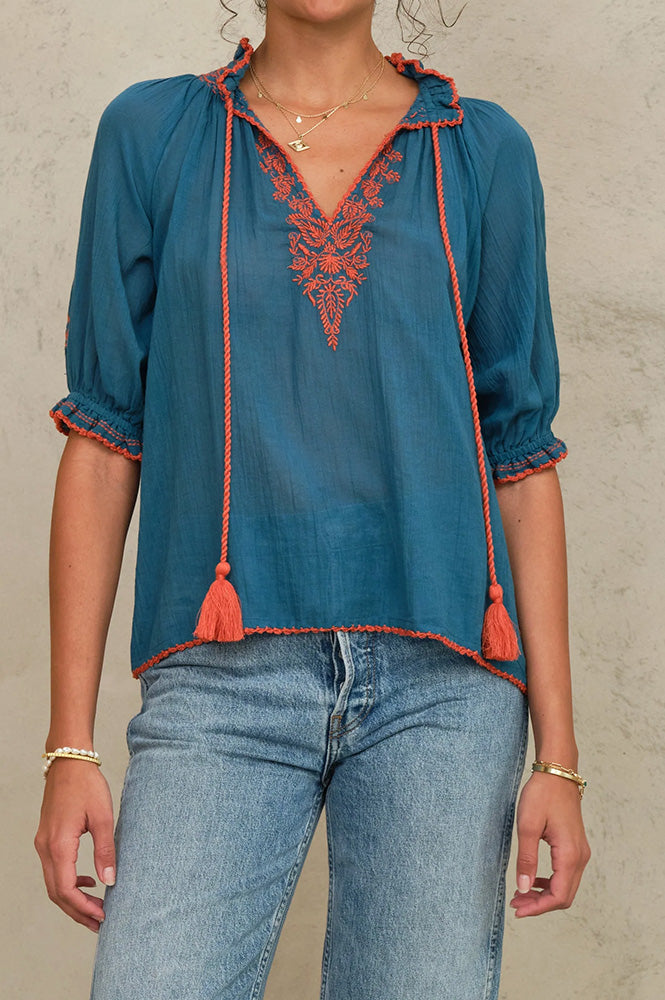 M.A.B.E Talia Blue & Orange Embroiderd Blouse - The Mercantile London
