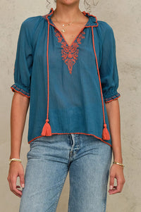 M.A.B.E Talia Blue & Orange Embroiderd Blouse - The Mercantile London