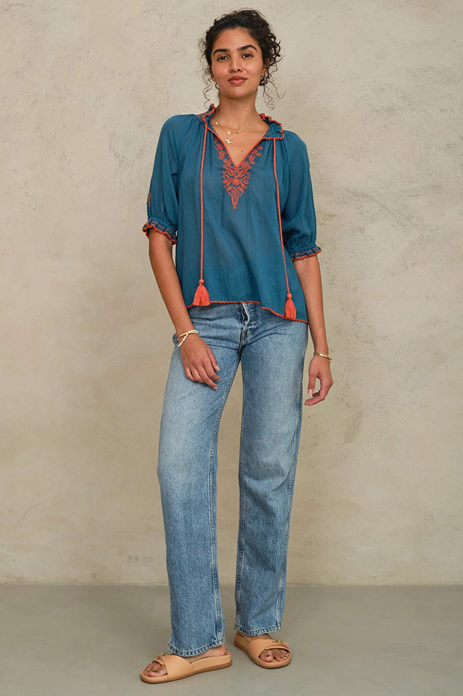 M.A.B.E Talia Blue & Orange Embroiderd Blouse - The Mercantile London
