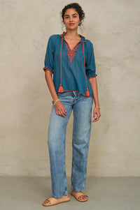 M.A.B.E Talia Blue & Orange Embroiderd Blouse - The Mercantile London