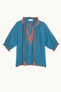 M.A.B.E Talia Blue & Orange Embroiderd Blouse - The Mercantile London