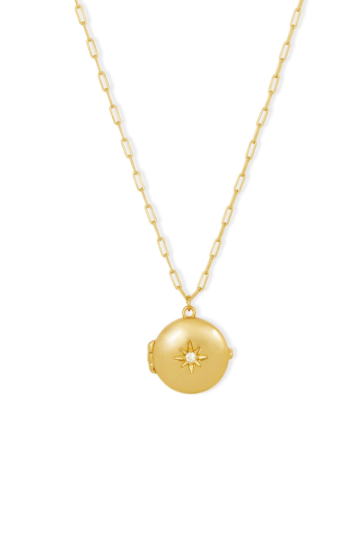 Gold necklace with a round pendant on a white background