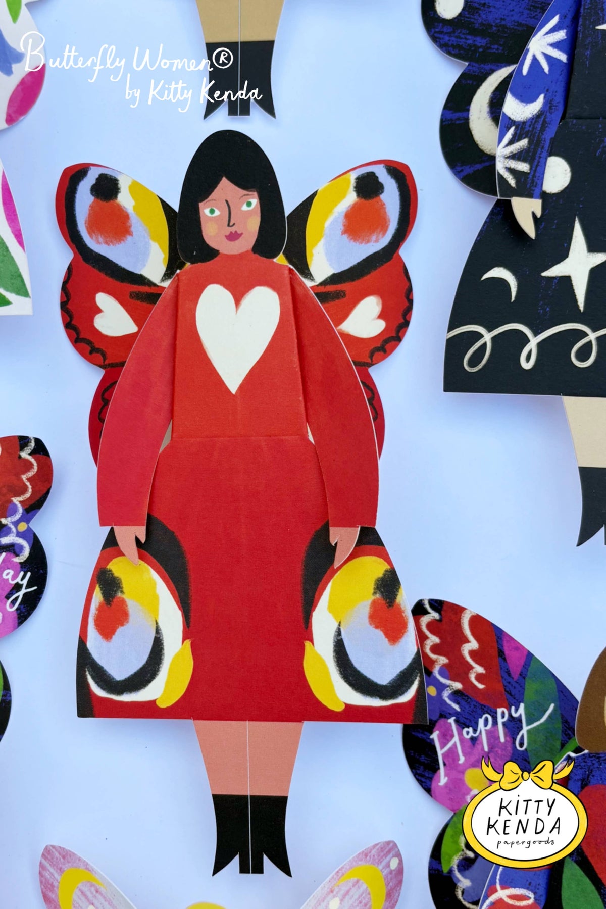 SS25 Kitty Kendra Butterfly Woman Peacock Greeting Card - The Mercantile London