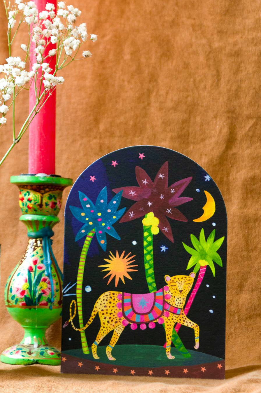 'Midnight Leopard Bell Jar' Greetings Card: Biodegradable Cello Wrap - The Mercantile London