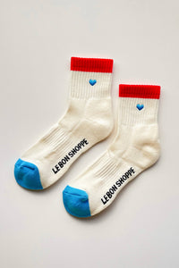 Embroidered Color Block Girlfriend Socks (wholesale): BLUE RED + HEART - The Mercantile London