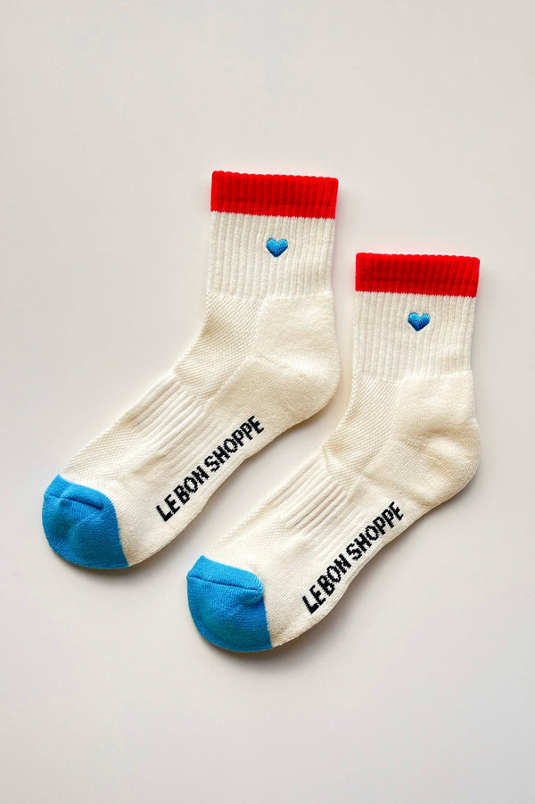 Embroidered Color Block Girlfriend Socks (wholesale): BLUE RED + HEART - The Mercantile London