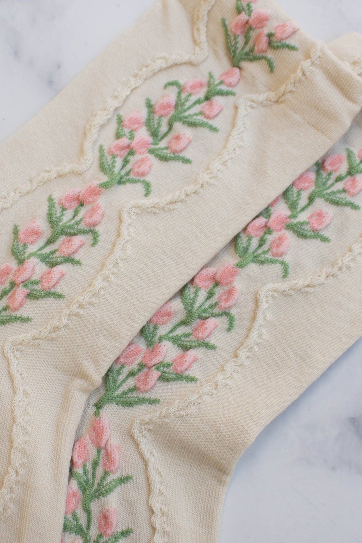 Women's Antique Tulip Flower Socks: Beige - The Mercantile London