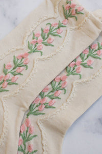 Women's Antique Tulip Flower Socks: Beige - The Mercantile London