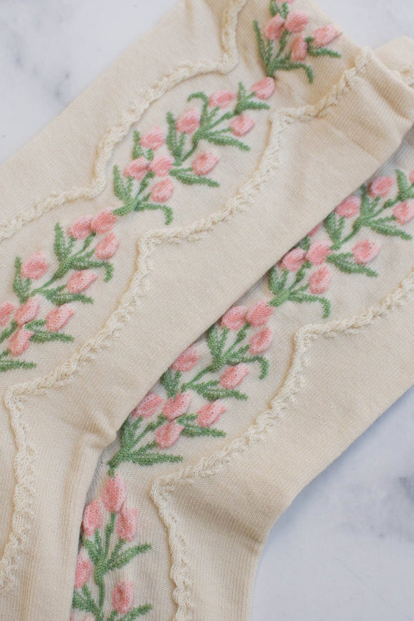 Women's Antique Tulip Flower Socks: Beige - The Mercantile London