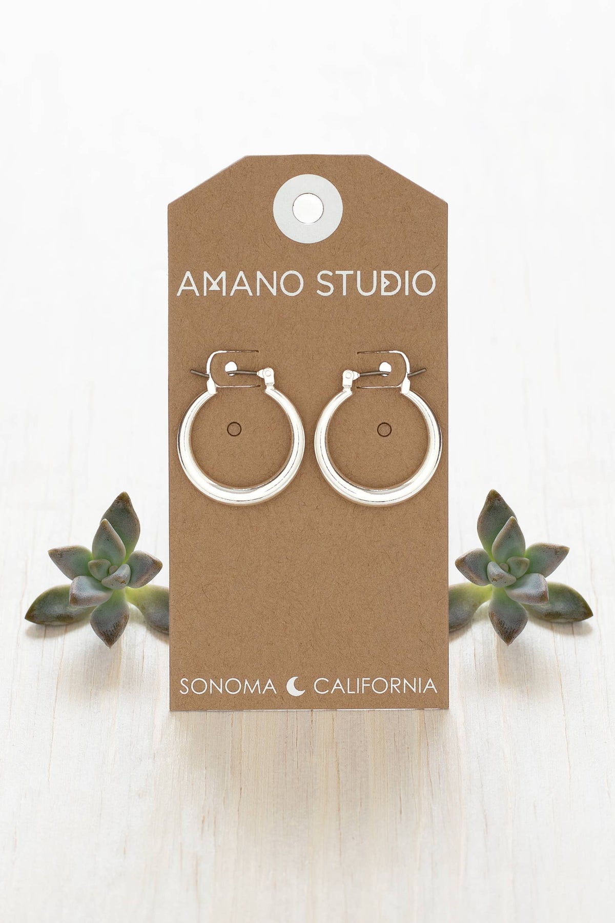 Pair of silver hoop earrings on a 'Amano Studio' branded card with succulents in the background.