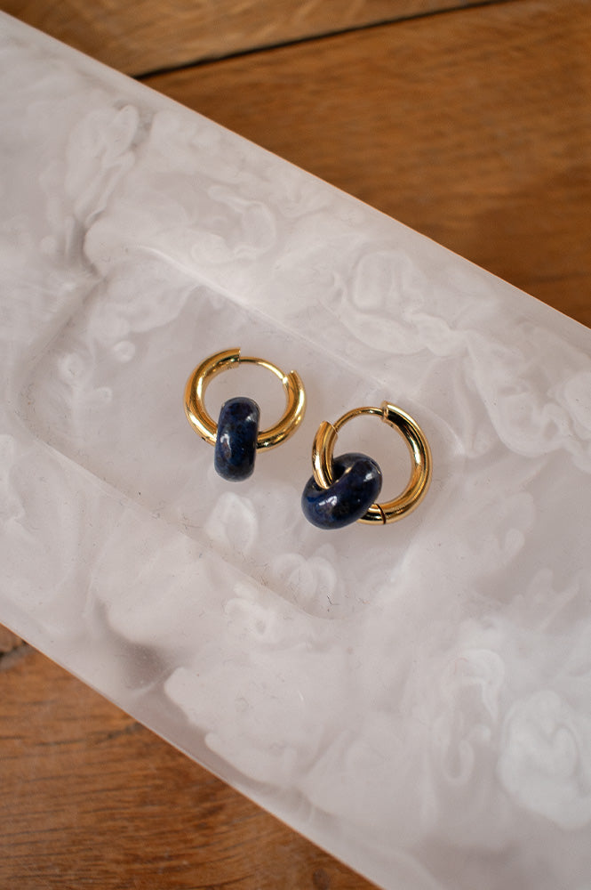 A Weathered Penny Blue Agate Gold Hoops - The Mercantile London