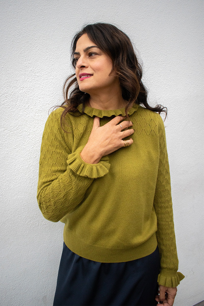 Loop Alice Olive Tie Neck Pointelle Jumper - The Mercantile London