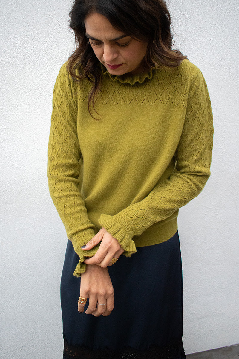 Loop Alice Olive Tie Neck Pointelle Jumper - The Mercantile London