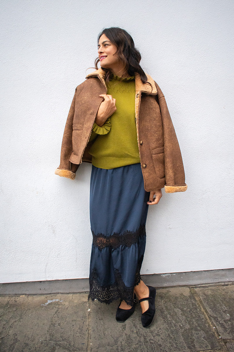 Loop Alice Olive Tie Neck Pointelle Jumper - The Mercantile London