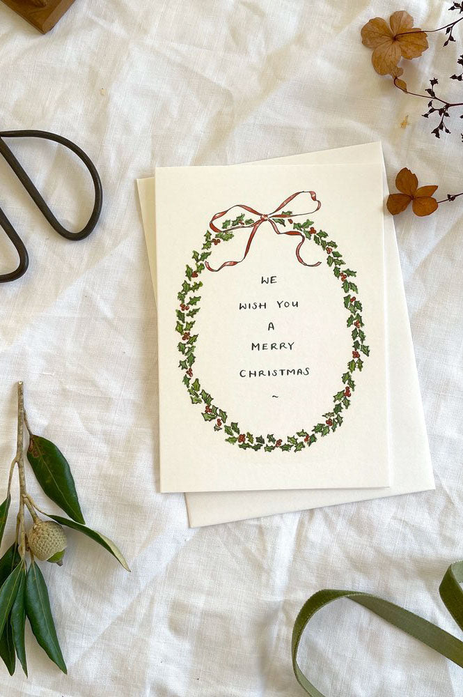 Annie Brougham Vintage Style Holly Wreath Christmas Card - The Mercantile London