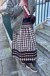Damson Madder Ava Brown & Butter Gingham Ruffle Midi Skirt