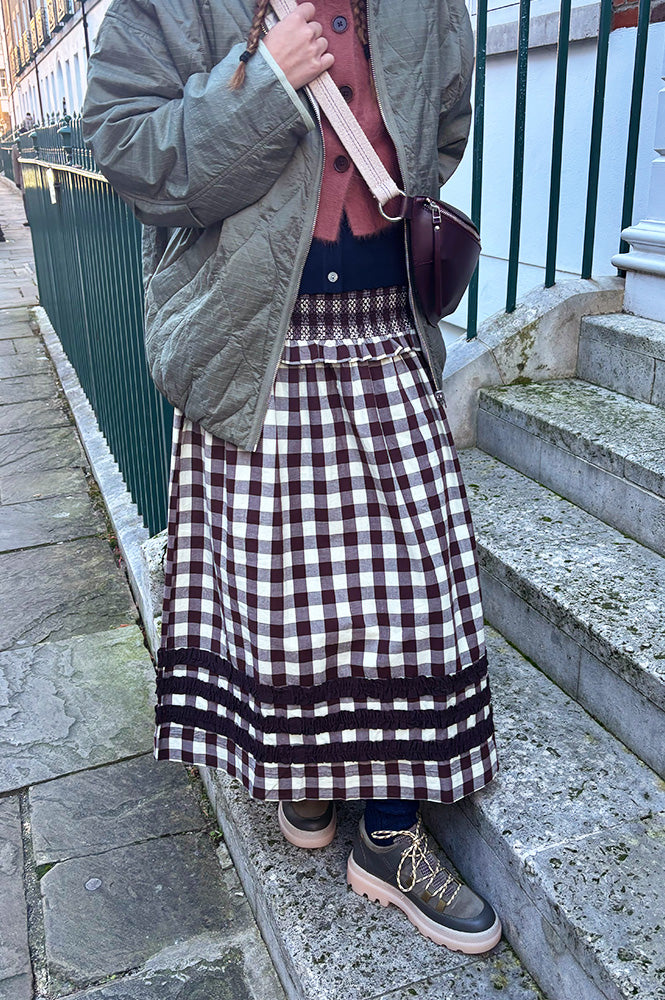 Damson Madder Ava Brown & Butter Gingham Ruffle Midi Skirt