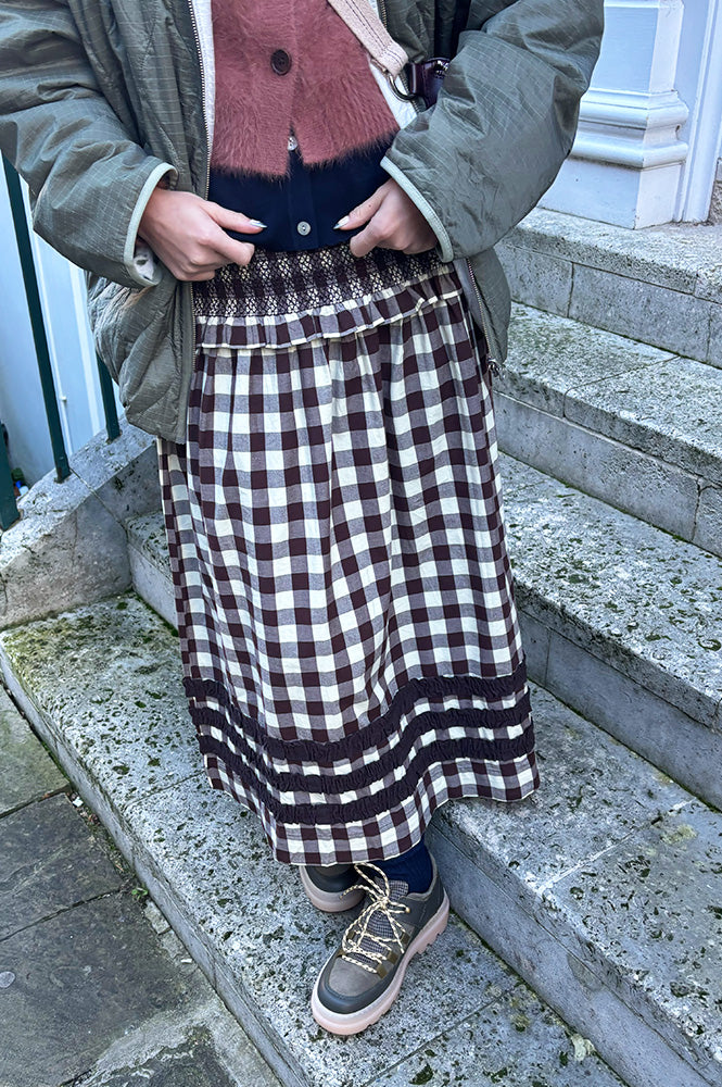 Damson Madder Ava Brown & Butter Gingham Ruffle Midi Skirt