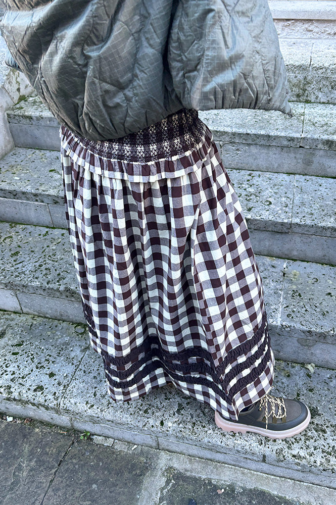 Damson Madder Ava Brown & Butter Gingham Ruffle Midi Skirt