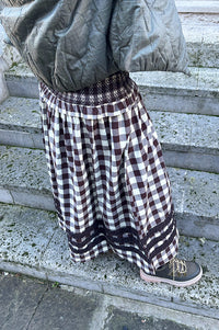 Damson Madder Ava Brown & Butter Gingham Ruffle Midi Skirt