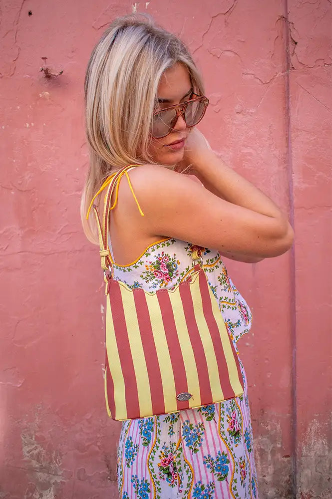 Damson Madder Lorelai Avocado & Chocolate Stripe Bag - The Mercantile London