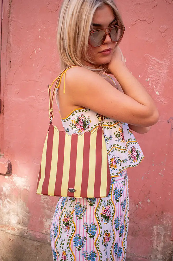 Damson Madder Lorelai Avocado & Chocolate Stripe Bag - The Mercantile London