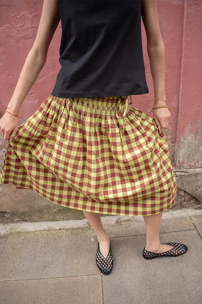 Damson Madder Lilo Chocolate Avo Gingham Dress Skirt - The Mercantile London