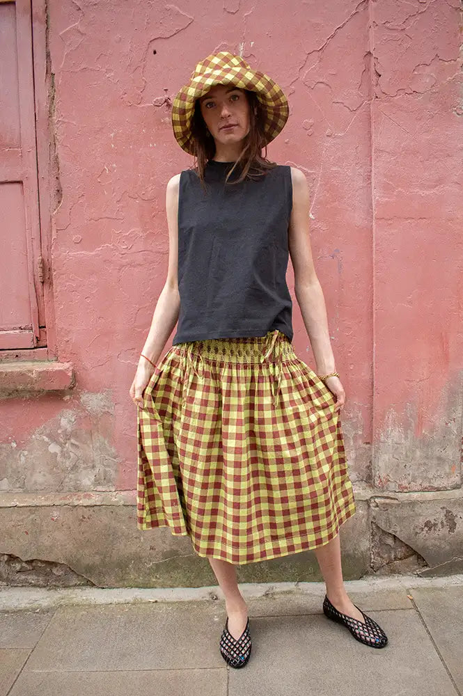 Damson Madder Lilo Chocolate Avo Gingham Dress Skirt - The Mercantile London